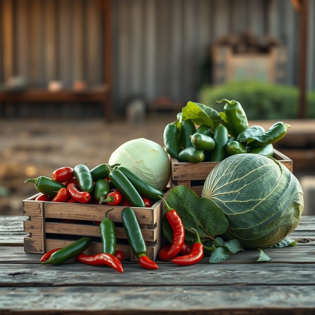 Freshly harvested peppers, cucumbers and produce arranged on a farm table